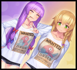 2girls alternate_costume arm_rest arm_up arms_at_sides bags_under_eyes black_border blonde_hair blunt_bangs border bow braid breasts cigarette closed_mouth clothes_writing collarbone commentary_request cookie_(touhou) cutoffs dutch_angle gen_1_pokemon green_eyes hair_bow half-closed_eyes hand_on_own_hip highres kirisame_marisa large_breasts lipstick long_hair long_sleeves looking_at_viewer looking_down makeup mars_(cookie) mouth_hold multiple_girls nintendo parted_lips patchouli_knowledge pokemon pokemon_(creature) porygon purple_eyes purple_hair shirt short_shorts shorts side_braid single_braid small_breasts smile smirk smoking taisa_(cookie) tarmo touhou upper_body v