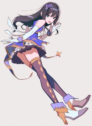 1girl bare_shoulders black_hair black_thighhighs bloom_into_me15 bow elbow_gloves from_below full_body gloves green_eyes grey_background hair_bow high_heels highres idol idol_clothes idolmaster idolmaster_cinderella_girls leaning_forward long_hair looking_at_viewer looking_down open_mouth shibuya_rin shoes simple_background solo stage_of_magic_(idolmaster) thighhighs white_gloves white_shoes yellow_trim