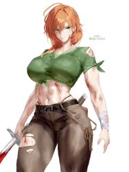 1girl alex_(minecraft) blood breasts green_eyes highres igiroitsu injury large_breasts legs long_hair looking_at_viewer midriff minecraft navel orange_hair pants serious shirt solo sword thighs thong tied_shirt torn_clothes torn_pants torn_shirt weapon whale_tail_(clothing)