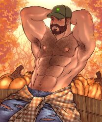 1boy abs armpit_hair arms_behind_head autumn autumn_leaves bara beard call_of_duty captain_price chest_hair clothes_around_waist connected_beard denim facial_hair full_beard goatee green_eyes hat highres jeans leaf majormelon1 male_focus muscular muscular_male navel nipples orange_theme pants plaid_clothes plaid_shirt pumpkin shirt shirt_around_waist smile solo topless_male torn_clothes torn_jeans torn_pants