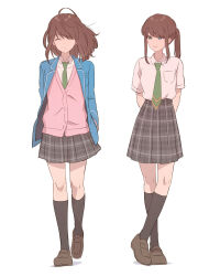 2girls amoironron anzu_(ensemble_stars!) arms_behind_back blue_eyes blue_jacket brown_hair brown_shoes closed_eyes closed_mouth crossed_ankles ensemble_stars! full_body green_necktie grey_skirt hair_between_eyes highres jacket kneehighs long_hair looking_to_the_side multiple_girls multiple_views necktie pink_sweater_vest ponytail school_uniform shirt shoes short_sleeves skirt socks sweater_vest white_shirt