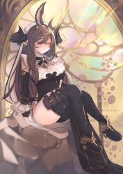 Rule 34 | 1girl, animal ears, black dress, black thighhighs, blush, breasts, brown hair, closed eyes, dress, full body, galleon (granblue fantasy), granblue fantasy, highres, large breasts, pointy ears, sitting, solo, thighhighs, thighs, water, yu-li