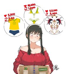 1girl black_hair box brazilian_flag breasts commentary_request dress earrings hairband holding holding_box jewelry jk_arts large_breasts like_and_retweet red_dress red_eyes solo spy_x_family sweater sweater_dress twitter_strip_game twitter_username white_background white_hairband wide-eyed yor_briar