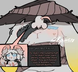 Rule 34 | anger vein, animalization, bandage over one eye, black coat, blue eyes, boun578, coat, commentary, dual persona, english commentary, english text, faust (project moon), hat, limbus company, mouse girl, project moon, rabbit girl, rice hat, scarf, twitter username, whiskers, white fur
