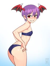 1girl absurdres artist_logo artist_name ass bare_arms bare_legs bare_shoulders black_bra black_panties blue_background blush bra breasts commentary cowboy_shot darkstalkers demon_wings dimples_of_venus from_behind gradient_background grin hair_between_eyes head_wings highres lilith_(darkstalkers) logo looking_at_viewer looking_back nose_blush panties purple_hair red_eyes short_hair simple_background small_breasts smile solo underwear underwear_only watcher_hollow white_background wings