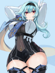 1girl black_gloves black_hairband black_leotard black_thighhighs blue_cape blue_hair blush breasts cape edobox eula_(genshin_impact) genshin_impact gloves hair_ornament hairband large_breasts leotard long_sleeves looking_at_viewer medium_hair necktie purple_eyes sidelocks solo thick_thighs thighhighs thighs wide_hips