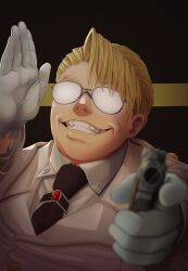 1boy absurdres blonde_hair formal_clothes glasses glint gloves grin gun hand_up handgun hellsing highres holding holding_gun holding_weapon luger_p08 major_(hellsing) majorette_(artist) male_focus nazi necktie obscured_eyes short_hair smile solo suit weapon white_gloves white_suit