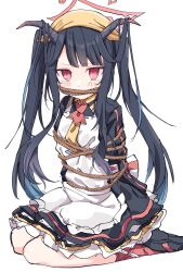 Rule 34 | 1girl, apron, bdsm, black dress, black footwear, black hair, black horns, blue archive, blunt bangs, blush, bondage, bound, demon horns, dress, frilled dress, frills, fuuka (blue archive), halo, headscarf, highres, horns, long hair, long sleeves, looking at viewer, puffy long sleeves, puffy sleeves, red eyes, rope, rope gag, seiza, sentouryoku 5, sidelocks, sitting, solo, white apron, white background, yellow headscarf