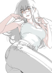 1girl absurdres breasts camisole chainsaw_man cleavage facial_scar grey_hair grey_pants highres large_breasts long_hair mikuchi_sunkuo pants ringed_eyes scar scar_on_cheek scar_on_face scar_on_nose shirt_tucked_in simple_background solo white_background white_camisole yellow_eyes yoru_(chainsaw_man)