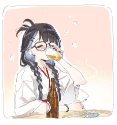 Rule 34 | 1girl, ashtray, bead bracelet, beads, between fingers, black-framed eyewear, black hair, blue hair, blush, bottle, bracelet, braid, brown background, cigarette, closed eyes, commentary request, cup, drinking, drinking glass, fuyuno yuuki, glasses, hair ornament, hair over shoulder, hairclip, highres, holding, holding cigarette, holding cup, japanese clothes, jewelry, kimono, long hair, long sleeves, low twintails, multicolored hair, nose blush, original, solo, twin braids, twintails, two-tone hair, upper body, very long hair, white kimono, wide sleeves