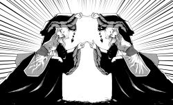 2girls breasts chinese_clothes commentary_request dragon_ball dragonball_z dual_persona emphasis_lines frilled_sleeves frills fusion_dance greyscale hat highres index_fingers_together junko_(touhou) kikoka_(mizuumi) large_breasts long_hair long_sleeves monochrome multiple_girls obi open_mouth phoenix_crown sash simple_background tabard tassel touhou white_background wide_sleeves