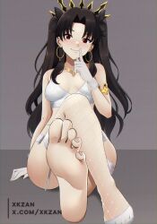 1girl artist_name bare_shoulders barefoot black_hair bra breasts earrings fate/grand_order fate_(series) feet fishnet_thighhighs fishnets garter_belt garter_straps gloves gold hair_ribbon highres hoop_earrings index_finger_raised ishtar_(fate) jewelry lingerie long_hair looking_at_viewer medium_breasts necklace paid_reward_available panties parted_bangs red_eyes revision ribbon single_thighhigh sitting smile soles solo thighhighs tiara twitter_username two_side_up underwear underwear_only white_bra white_gloves white_panties xkzan