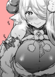 1girl breath condom draph dress fur-trimmed_dress fur-trimmed_sleeves fur_trim granblue_fantasy hair_over_one_eye horns leotard mushi024 narmaya_(granblue_fantasy) narmaya_(holiday)_(granblue_fantasy) official_alternate_costume pointy_ears see-through_clothes see-through_leotard snowman_hair_ornament solo sweat