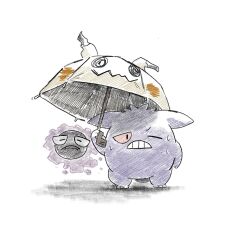 chibi chibi_only colored_sclera commentary_request fangs fangs_out gastly gen_1_pokemon gen_7_pokemon gengar highres holding holding_umbrella kashiwa_(3920kashiwa) mimikyu nintendo no_humans one_eye_closed pokemon pokemon_(creature) red_sclera sweat umbrella white_background