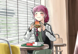 1girl black_bow black_jacket blush bocchi_the_rock! bow braid burger closed_eyes dress eating food green_dress hair_bow hiroi_kikuri jacket long_hair mcdonald&#039;s multicolored_jacket open_clothes open_jacket purple_hair single_braid sitting solo torako_(toramaru) two-tone_jacket white_jacket window window_blinds