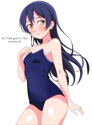 Rule 34 | 1girl, absurdres, blue hair, blue one-piece swimsuit, blush, breasts, competition school swimsuit, covered navel, cowboy shot, embarrassed, english text, hair between eyes, highres, long hair, looking at viewer, love live!, love live! school idol project, nose blush, one-piece swimsuit, school swimsuit, shinonome sakura, simple background, small breasts, solo, sonoda umi, standing, swimsuit, white background, yellow eyes