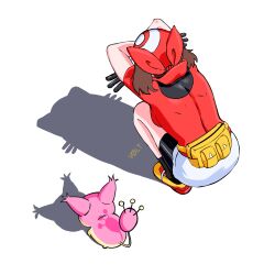 Rule 34 | 1girl, bandana, bike shorts, bike shorts under skirt, black socks, breasts, cat, cat shadow puppet (meme), commentary, fanny pack, gen 3 pokemon, gloves, hands up, highres, may (pokemon), meme, nintendo, pokemon, pokemon (creature), pokemon rse, popped collar, red bandana, red shirt, shirt, shoes, short sleeves, skirt, skitty, socks, squatting, voltstorm, white skirt, yellow bag, yellow shoes