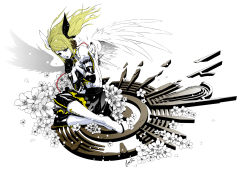 blonde_hair flower hair_ornament hairclip headphones kagamine_rin long_hair meltdown paolo_antonio_aguasin simple_background vocaloid white_background wings