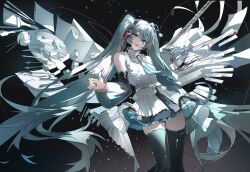 1girl :d aqua_eyes aqua_hair aqua_necktie arm_up arrow_(projectile) black_boots black_skirt black_sleeves boots breasts buri_(retty9349) collared_shirt commentary cowboy_shot detached_sleeves electric_guitar floating_clothes floating_hair frills grey_shirt guitar hatsune_miku headset high_collar highres instrument long_hair looking_at_viewer miniskirt necktie open_mouth paintbrush partially_colored pleated_skirt pliers shirt skirt sleeveless sleeveless_shirt small_breasts smile solo string string_of_fate thigh_boots thighhighs twintails upper_body very_long_hair violin vocaloid wide_sleeves zettai_ryouiki