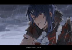Rule 34 | 1boy, alcryst (fire emblem), ascot, black gloves, blood, blood on face, blood on hands, blue hair, english text, fire emblem, fire emblem engage, gloves, hair between eyes, hair ornament, hairclip, hand on another&#039;s face, high collar, highres, holding, looking at another, male focus, nintendo, rain, red eyes, short hair, solo focus, white ascot, wogesb