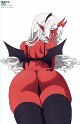1girl absurdres akumi_(yoclesh) anus anus_peek artist_name ass_tattoo black_thighhighs black_wings colored_skin eijiru highres horns indie_virtual_youtuber long_hair looking_back lying median_furrow on_stomach oni pointy_ears red_skin scar scar_on_ass scar_on_back scar_on_leg scar_on_shoulder shoulder_blades solo tattoo thighhighs virtual_youtuber white_background white_hair wings