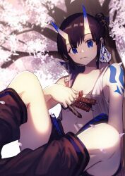 1girl absurdres black_hair blue_eyes blue_horns cherry_blossoms food highres holding holding_skewer horns houryuzi_sui jacket looking_at_viewer nakanishi_tatsuya navel oni original revealing_clothes short_hair shoulder_tattoo skewer sleeveless solo spring_(season) tattoo tree yakitori