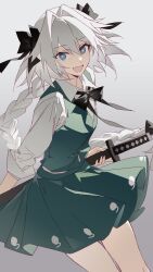 Rule 34 | 1boy, astolfo (fate), black bow, black bowtie, blue eyes, bow, bowtie, chinese commentary, cosplay, cowboy shot, crossdressing, crossdressing (mtf), fate/apocrypha, fate (series), green skirt, green vest, hair bow, hair intakes, highres, holding, holding sword, holding weapon, konpaku youki, konpaku youki (cosplay), long hair, long sleeves, male focus, miniskirt, mixed-language commentary, multiple hair bows, pleated skirt, sheath, shirt, skirt, solo, sword, touhou, trap, very long hair, vest, weapon, white hair, white shirt, wuliwuli909