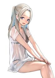 1girl absurdres bikini black_bikini blue_eyes blush breasts covered_navel emutsuichi hands_on_own_knee highres long_hair looking_at_viewer navel open_mouth original purple_eyes see-through_clothes see-through_shirt shirt simple_background small_breasts smile solo stomach swimsuit wet white_background white_hair white_shirt
