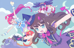3girls :d steamed_bun black_eyes black_gloves black_hair blue_dress blue_eyes blue_sky brown_hair closed_eyes cloud commentary_request day demon_horns demon_tail dress fang fangs floating food gaaruru_(pripara) gajira_(pripara) gloves hat headphones holding holding_food horns idol_clothes ku_(residual666) kurosu_aroma long_hair looking_at_viewer midair mini_hat mini_witch_hat monster multiple_girls neck_ribbon open_mouth outdoors outstretched_arms pink_horns pink_ribbon ponytail pretty_series pripara purple_dress red_hair ribbon shiratama_mikan short_sleeves sidelocks sky smile spread_arms tail twintails white_gloves witch_hat