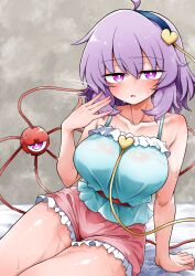 1girl adapted_costume ahoge aqua_camisole arm_support bare_shoulders black_hairband breasts camisole collarbone commentary_request fanning_self frilled_shorts frills hair_between_eyes hair_ornament hairband heart heart_hair_ornament highres hot komeiji_satori large_breasts looking_at_viewer pink_shorts purple_eyes scavia10 short_hair shorts sitting solo sweat third_eye touhou yokozuwari