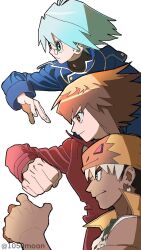 3boys bandana black_hair blue_hair blue_jacket brown_eyes brown_hair closed_mouth dark-skinned_male dark_skin duel_academy_uniform_(yu-gi-oh!_gx) from_side glasses green_eyes highres jacket long_sleeves male_focus marufuji_sho multiple_boys red_jacket shimizugawa short_hair smile twitter_username tyranno_kenzan white_background yu-gi-oh! yu-gi-oh!_gx yuki_judai