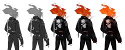 1girl absurdres black_jacket chain cigarette dgk fiery_hair from_behind genderswap genderswap_(mtf) ghost_rider ghost_rider_(series) greyscale high-waist_pants high_heels highres holding holding_cigarette humanization jacket leather leather_jacket leather_pants looking_down making-of marvel monochrome orange_hair pants scar simple_background smoking spikes upper_body white_background