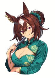 Rule 34 | 1girl, animal ears, aqua dress, breasts, brown hair, china dress, chinese clothes, cleavage, dress, hand fan, highres, holding, holding fan, horse ears, horse girl, large breasts, simple background, sirius symboli (umamusume), smile, solo, umamusume, upper body, urururike, white background