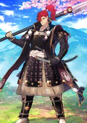 Rule 34 | arm at side, armor, blue sky, breastplate, brown pants, cherry blossoms, clenched hands, closed mouth, crest, dd (vktr4837), family crest, fate/grand order, fate (series), feet out of frame, game cg, hair over one eye, hair tie, hand up, high ponytail, holding, holding polearm, holding weapon, japanese armor, japanese clothes, jinbaori, katana, kote, kurokote, kusazuri, legs apart, long sleeves, looking at viewer, medium hair, mori nagayoshi (fate), mori nagayoshi (second ascension) (fate), mountain, ningen mukotsu (fate), official art, one eye covered, orange eyes, over shoulder, pants, pink petals, polearm, pom pom (clothes), ponytail, red hair, sash, sheath, sheathed, shoulder armor, sky, socks, sode, spear, spiked hair, standing, suneate, sword, tassel, third-party source, v-shaped eyebrows, variant set, weapon, weapon over shoulder, white sash, white socks, yari