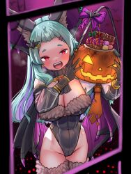 1girl absurdres blush breasts cosplay green_hair halloween highres kosanae_sasaho large_breasts long_sideburns oppai_loli original short_bangs sideburns smaragdus_viridi tsurime yellow_eyes