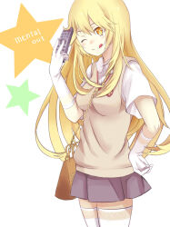 Rule 34 | 1girl, ;), ;q, bag, blonde hair, breasts, bright pupils, brown sweater, brown sweater vest, brown vest, chain, closed mouth, collared shirt, commentary, controller, cowboy shot, elbow gloves, emblem, gloves, gold chain, grey skirt, hair between eyes, hand on own hip, hand up, handbag, head tilt, highres, holding, holding remote control, light blush, long hair, looking at viewer, medium breasts, miniskirt, multicolored eyes, negiko123123, one eye closed, orange eyes, pleated skirt, remote control, school emblem, school uniform, shirt, shokuhou misaki, short sleeves, sidelocks, simple background, skirt, sleeveless, sleeveless sweater, smile, solo, spider web print, standing, star-shaped pupils, star (symbol), summer uniform, sweater, sweater vest, symbol-shaped pupils, thighhighs, toaru majutsu no index, tokiwadai school uniform, tongue, tongue out, two-tone eyes, v-neck, vest, white background, white gloves, white shirt, white thighhighs, yellow eyes, yellow pupils, zettai ryouiki