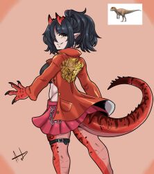 1girl a.c._hunter allosaurus artist_name belt black_hair black_shirt breasts chain claws creature_and_personification dinosaur dinosaur_girl dinosaur_tail earrings full_body hair_between_eyes highres horns jacket jewelry large_breasts lion long_sleeves looking_at_viewer looking_back midriff original personification pocket ponytail red_jacket shirt short_hair signature simple_background skirt smile solo standing tail yellow_eyes