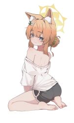 1girl :3 absurdres animal_ear_fluff animal_ears ass bare_back bare_legs bare_shoulders barefoot black_shorts blue_archive blue_eyes blush casual cat_ears dolphin_shorts dot_nose feet floppy_ears hair_between_eyes halo highres loli looking_at_viewer looking_back mangotonic mari_(blue_archive) medium_hair off-shoulder_shirt off_shoulder orange_hair oversized_clothes oversized_shirt shirt short_sleeves shorts simple_background sitting soles solo thighs toes wariza white_background white_shirt yellow_halo