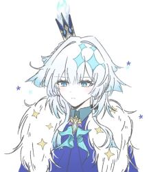 Rule 34 | 1girl, blue eyes, brooch, cerydra (honkai: star rail), commentary, crown, fur trim, hair intakes, honkai: star rail, honkai (series), jewelry, long hair, min (ipcp45), mini crown, simple background, solo, upper body, white background, white hair