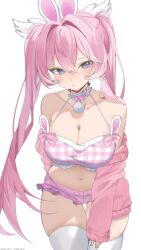 1girl absurdres animal_ears bare_shoulders breasts chiromi choker cleavage closed_mouth collarbone commission cowboy_shot crop_top frilled_choker frilled_shorts frills gradient_eyes halterneck highres jacket large_breasts long_hair long_sleeves looking_at_viewer micro_shorts midriff multicolored_eyes navel off_shoulder open_clothes open_jacket original pink_hair pink_jacket pink_shirt pink_shorts purple_eyes rabbit_ears ribbed_jacket shirt shorts simple_background skindentation sleeveless sleeveless_shirt solo spaghetti_strap stomach sweat thigh_gap thighhighs thighs twintails very_long_hair white_background white_thighhighs