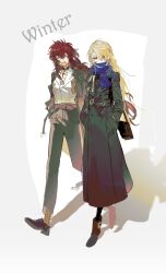 2girls alternate_costume bag belt blonde_hair blue_eyes blue_scarf boots choker closed_eyes coat collared_shirt earrings hair_between_eyes handbag hands_in_pockets highres jacket jewelry long_hair long_sleeves looking_at_viewer multiple_girls open_clothes original pants qyzhiaiyisheng red_hair scarf shadow shirt skirt walking white_shirt