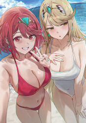 2girls ai-assisted amiki_yuzuru beach bikini blonde_hair blue_sky blush breasts cleavage cloud collarbone day earrings grin headpiece highres jewelry large_breasts long_hair looking_at_viewer multiple_girls mythra_(xenoblade) navel ocean one-piece_swimsuit outdoors pyra_(xenoblade) red_bikini red_eyes red_hair selfie short_hair sky smile standing swimsuit v white_one-piece_swimsuit xenoblade_chronicles_(series) xenoblade_chronicles_2