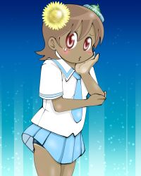 Rule 34 | 1girl, a-king, aioi yuuko, blue background, blue necktie, blue one-piece swimsuit, blue school swimsuit, blue skirt, blush, brown eyes, brown hair, dark skin, flower, food-themed hair ornament, hair flower, hair ornament, looking at viewer, necktie, nichijou, one-piece swimsuit, school swimsuit, school uniform, shirt, short hair, short sleeves, skirt, standing, sweat, swimsuit, swimsuit under clothes, tan, tanline, watermelon hair ornament, white shirt
