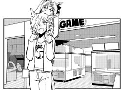 2girls :d aged_down animal_ears blush carrying commentary_request covered_mouth daiwa_scarlet_(umamusume) fang greyscale hair_between_eyes hands_up highres horse_ears horse_girl horse_tail jacket long_hair long_sleeves monochrome multicolored_hair multiple_girls open_clothes open_jacket open_mouth pants screentones shirt short_hair shoulder_carry smile streaked_hair tail tiara twintails umamusume very_long_hair vodka_(umamusume) yunekoko