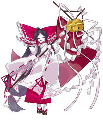 1girl :d absurdly_long_hair absurdres bell bow brown_eyes chihaya_(clothing) closed_eyes commentary_request foul_detective_satori frilled_bow frilled_hair_tubes frills full_body gensokyo&#039;s_first_hakurei_miko gohei hair_bow hair_tubes hakama hakama_skirt head_tilt highres holding holding_gohei huge_bow japanese_clothes jingle_bell kanae_mituki kosode large_bow long_hair long_skirt long_sleeves low-tied_long_hair miko no_nose okobo open_mouth parted_bangs platform_sandals ponytail red_bow red_ribbon red_skirt ribbon ribbon-trimmed_sleeves ribbon_trim sandals shide sidelocks simple_background skirt smile socks solo standing straight-on tabi tassel touhou very_long_hair white_socks wide_sleeves