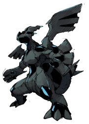absurdres claws closed_mouth commentary dragon english_commentary full_body game_freak gen_5_pokemon highres legendary_pokemon nintendo no_humans pokemon pokemon_(creature) pokemon_focus pr_quote red_eyes simple_background solo standing tail white_background wings zekrom