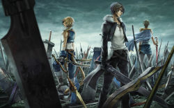 00s 1990s_(style) 3boys back bad_id bad_pixiv_id belt black_gloves black_hair black_pants blonde_hair boots brown_hair buster_sword bartz_klauser cape dissidia_final_fantasy dual_wielding epic everyone field_of_blades final_fantasy final_fantasy_ix final_fantasy_v final_fantasy_viii final_fantasy_x final_fantay_vii fur_collar gloves grey_eyes gunblade highres holding jacket jewelry long_hair male_focus masamune_(ff7) multiple_belts multiple_boys necklace outdoors pants ponytail sano_(yoziro) shirt short_hair sky squall_leonhart standing sword tail vest weapon white_shirt zidane_tribal