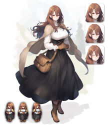 1girl absurdres baketsu black_dress boots breasts brown_boots brown_eyes brown_gloves brown_hair cape center_frills commentary_request dress frills full_body gloves hair_between_eyes highres large_breasts long_hair long_sleeves looking_at_viewer multiple_expressions original solo