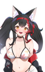 1girl :d animal_ear_fluff animal_ears bare_shoulders bikini black_choker black_hair black_jacket blush breasts breasts_apart choker cleavage collarbone hair_ornament hairband highres hololive jacket kani_bonara leaf_print long_hair looking_at_viewer medium_breasts multicolored_hair navel off_shoulder ookami_mio ookami_mio_(hololive_summer_2019) open_mouth print_bikini red_hair red_hairband shorts simple_background skindentation smile solo streaked_hair swimsuit two-sided_fabric two-sided_jacket virtual_youtuber white_background white_bikini white_shorts wolf_ears wolf_girl