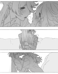 2girls baesong blush collared_shirt commentary_request eye_contact greyscale gundam gundam_suisei_no_majo kiss korean_commentary long_hair long_sleeves looking_at_another miorine_rembran monochrome multiple_girls open_mouth shirt short_sleeves suletta_mercury thick_eyebrows yuri